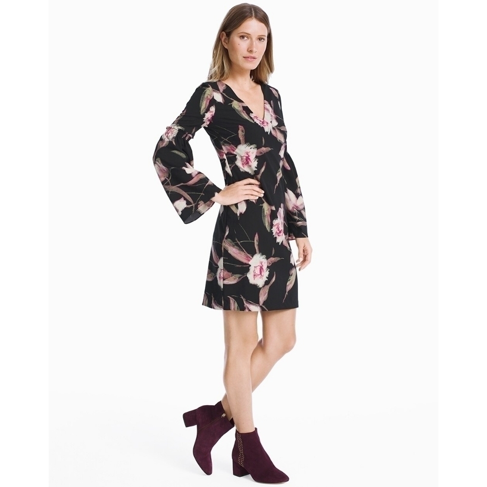 WHITE House Black Market Long-Sleeve Floral Bell-Sleeve Shift Dress